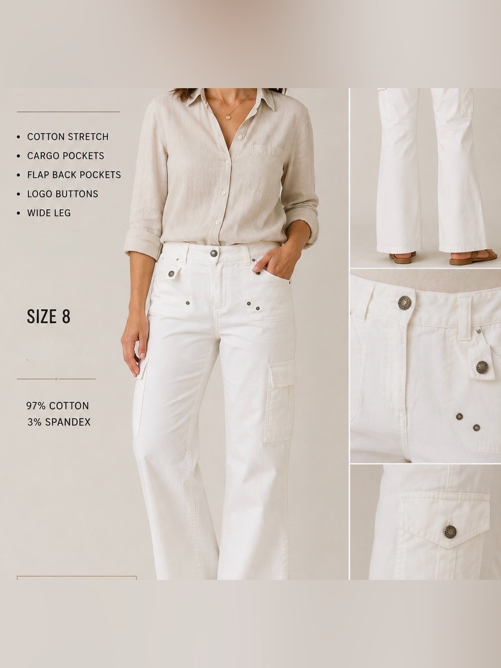 Snazzie White Cargo Pants | Cotton Stretch | Size 8 | Y2K Utility Wide Leg